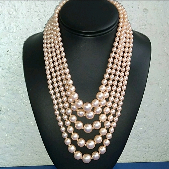 VINTAGE KJL 5-Strand Soft Pink Glass Pearl Necklace - Picture 7 of 16
